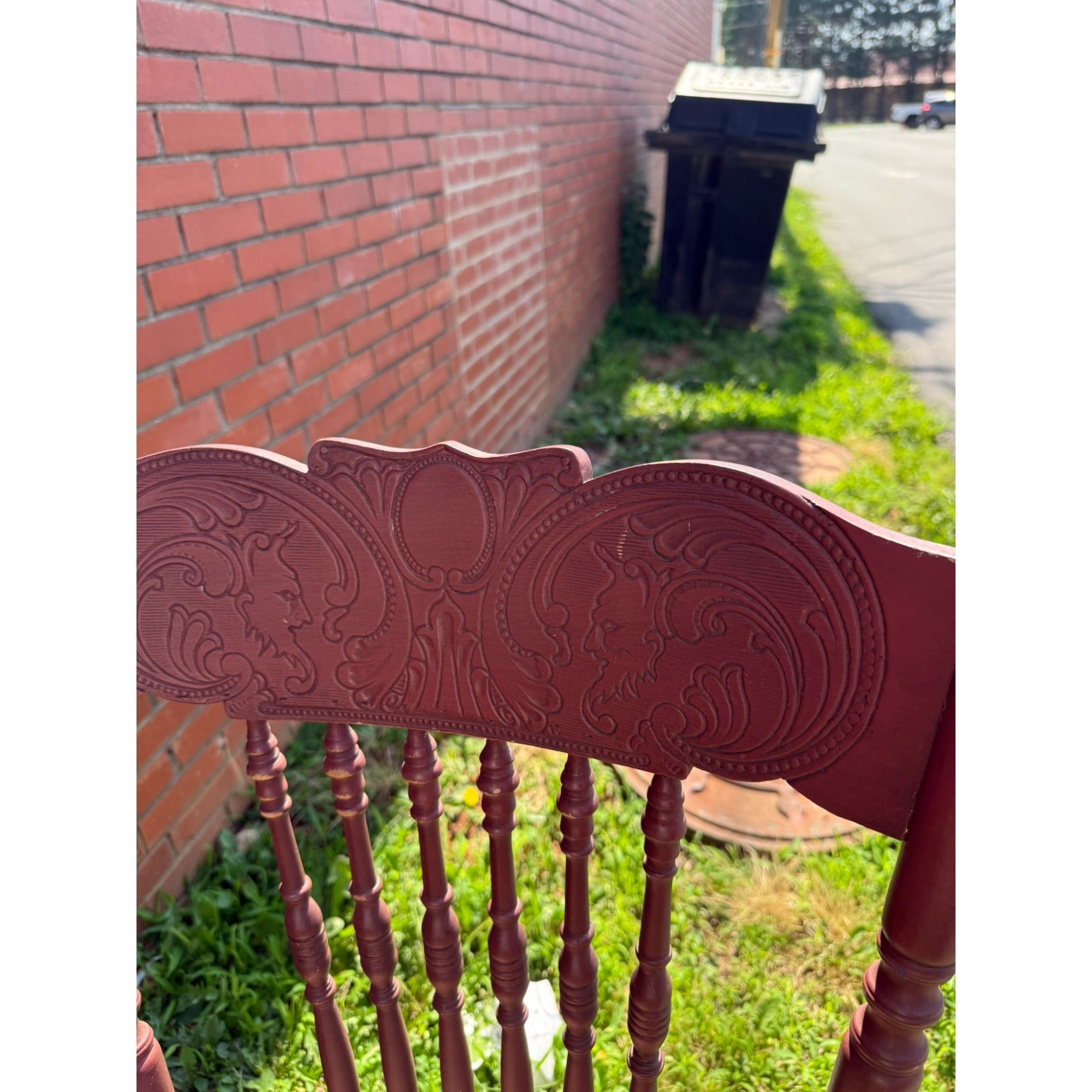 Wood Accent Dining Chair Pressed Back Cane Bottom Embossed Red Painted cane back chair with faces Carrved on Back Antique Furniture