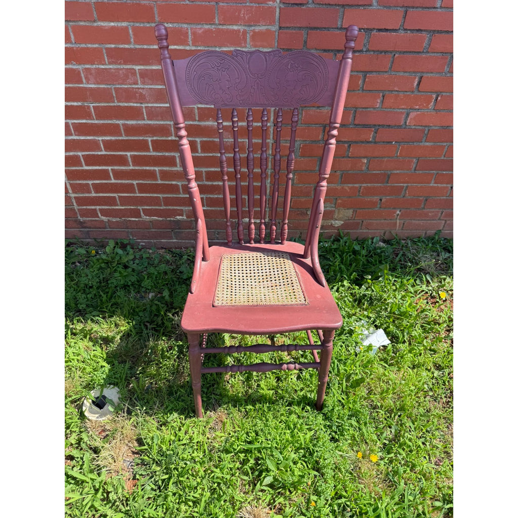 Wood Accent Dining Chair Pressed Back Cane Bottom Embossed Red Painted cane back chair with faces Carrved on Back Antique Furniture