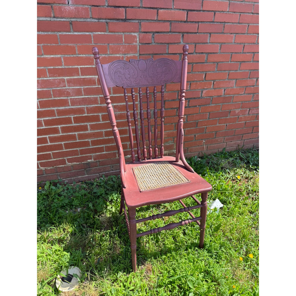 Wood Accent Dining Chair Pressed Back Cane Bottom Embossed Red Painted cane back chair with faces Carrved on Back Antique Furniture