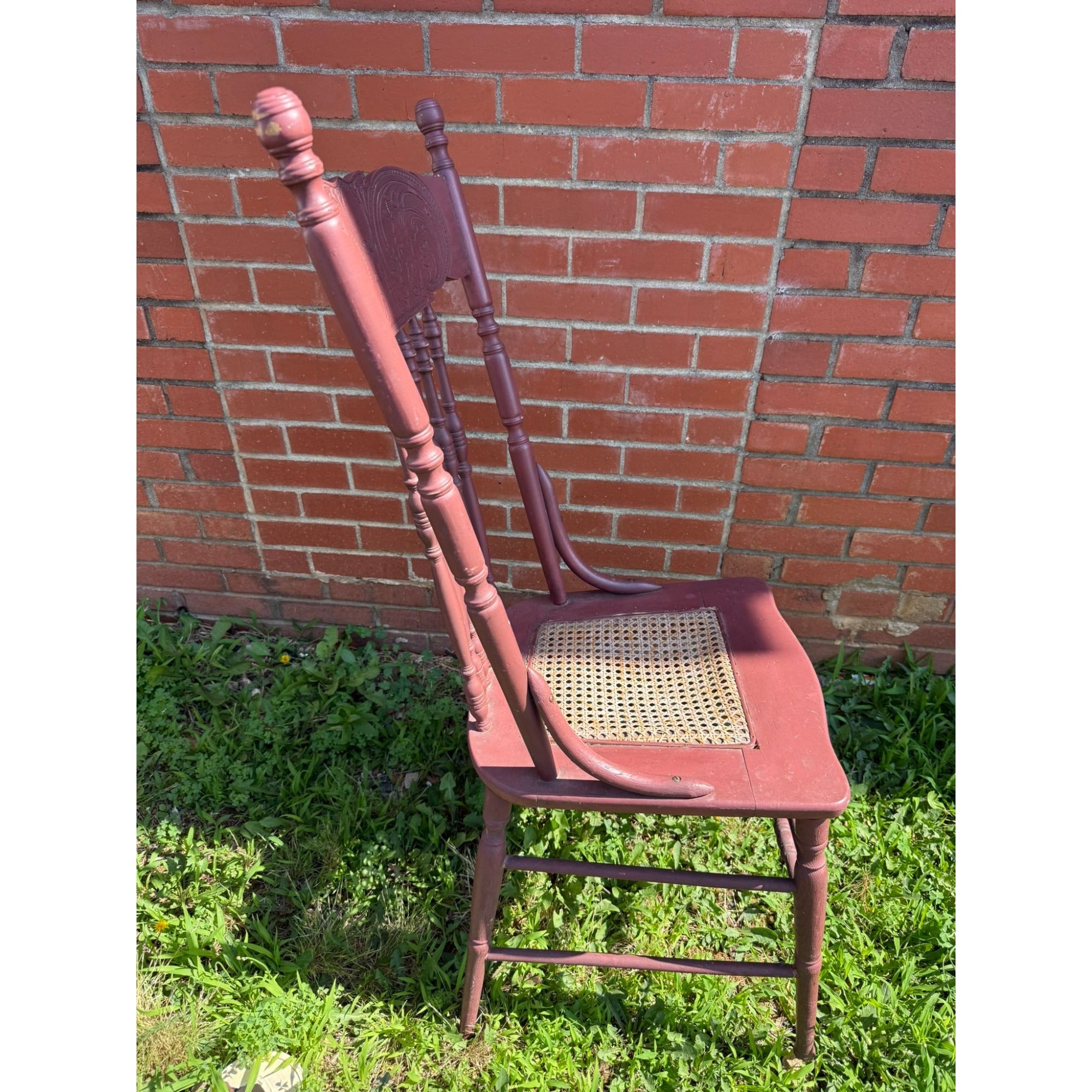 Wood Accent Dining Chair Pressed Back Cane Bottom Embossed Red Painted cane back chair with faces Carrved on Back Antique Furniture