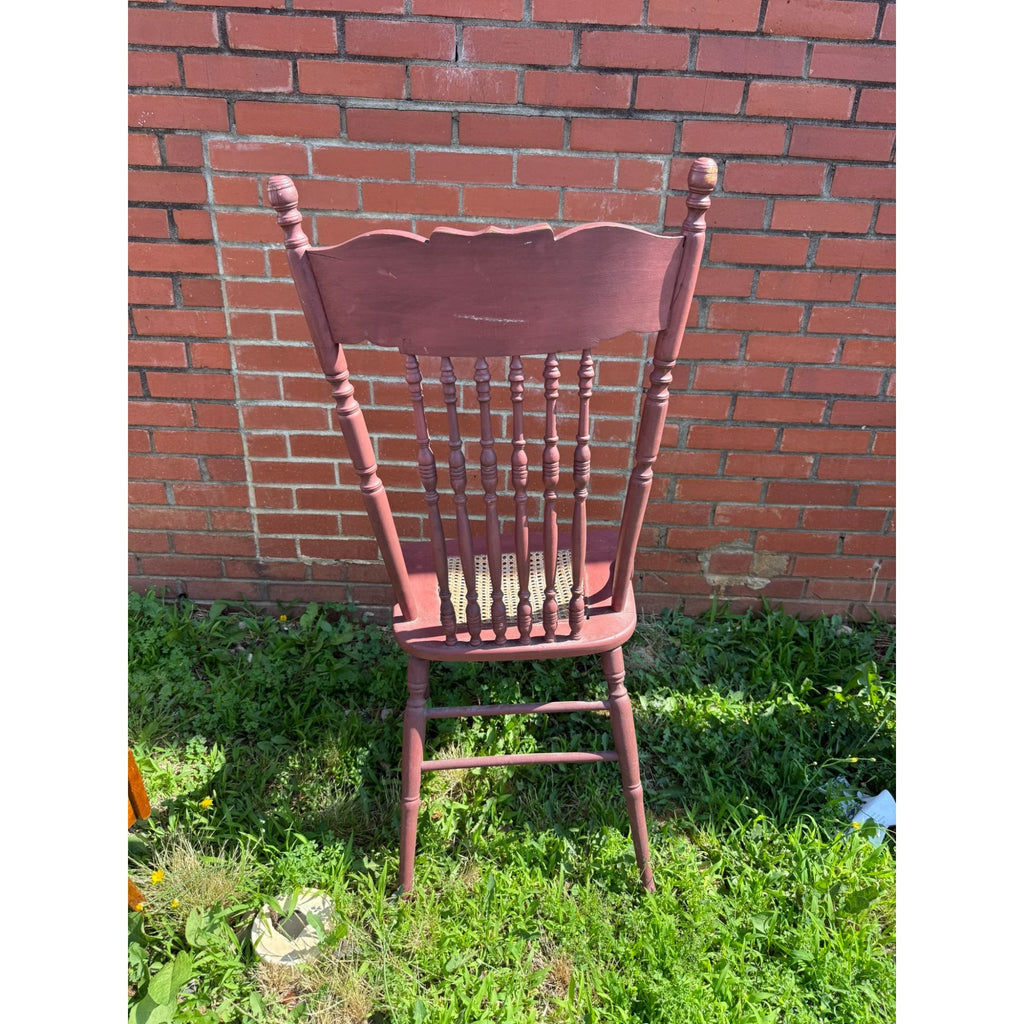 Wood Accent Dining Chair Pressed Back Cane Bottom Embossed Red Painted cane back chair with faces Carrved on Back Antique Furniture