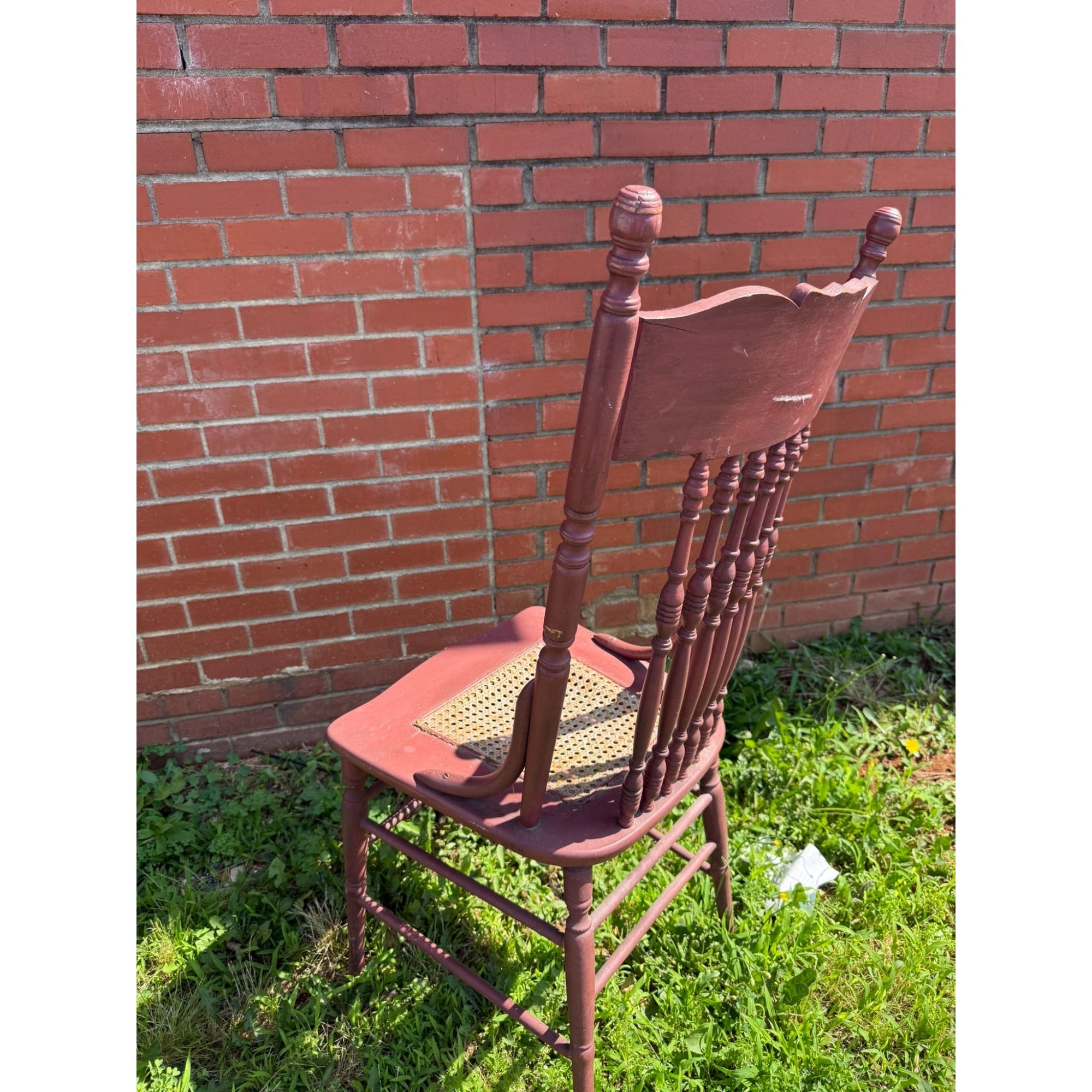 Wood Accent Dining Chair Pressed Back Cane Bottom Embossed Red Painted cane back chair with faces Carrved on Back Antique Furniture