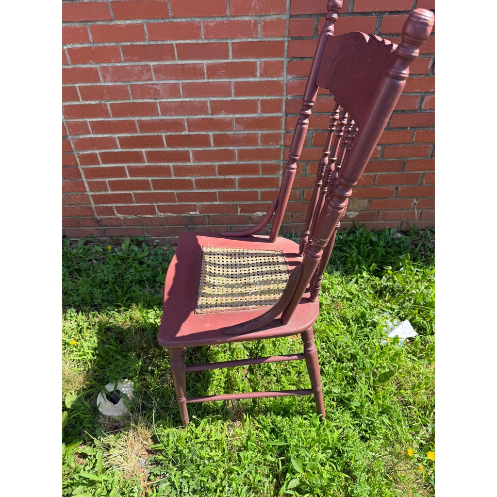 Wood Accent Dining Chair Pressed Back Cane Bottom Embossed Red Painted cane back chair with faces Carrved on Back Antique Furniture