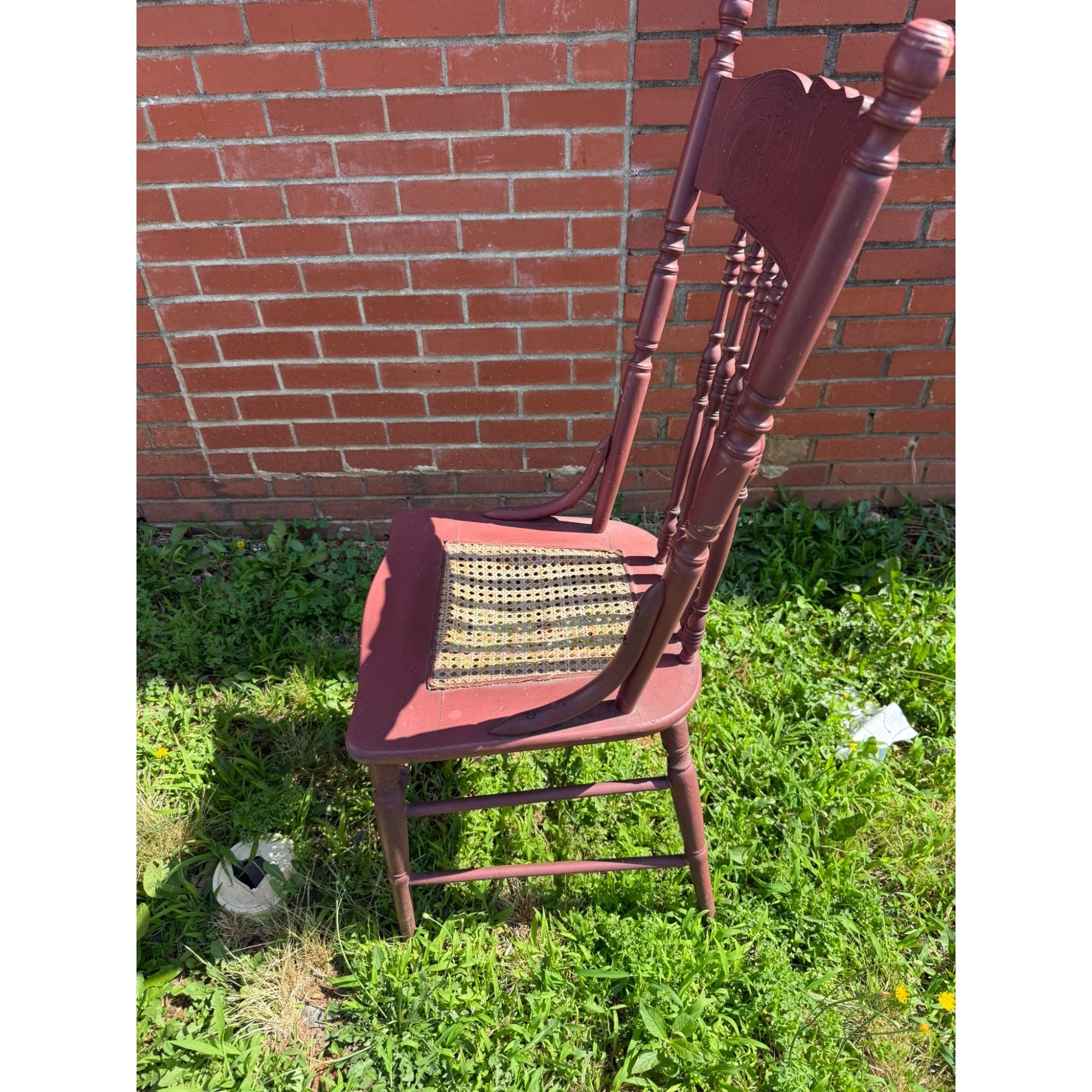 Wood Accent Dining Chair Pressed Back Cane Bottom Embossed Red Painted cane back chair with faces Carrved on Back Antique Furniture