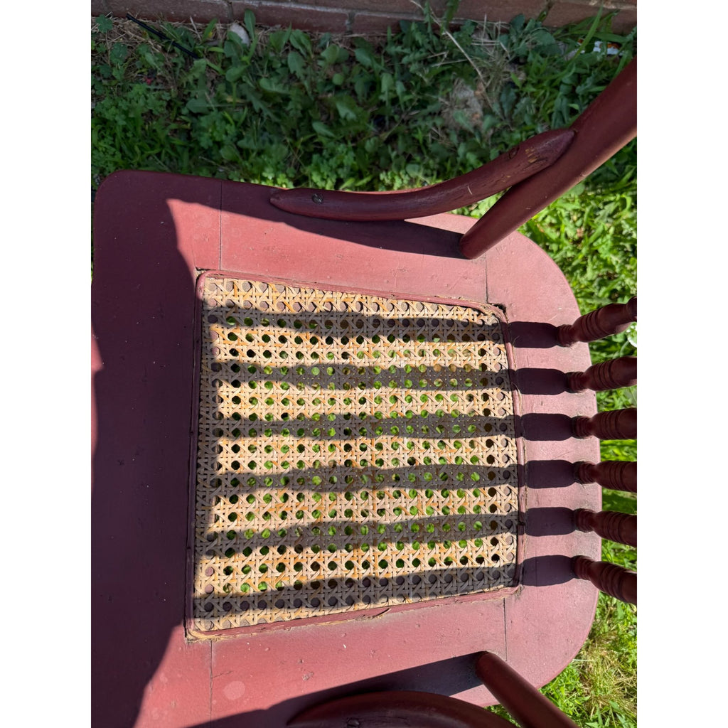 Wood Accent Dining Chair Pressed Back Cane Bottom Embossed Red Painted cane back chair with faces Carrved on Back Antique Furniture