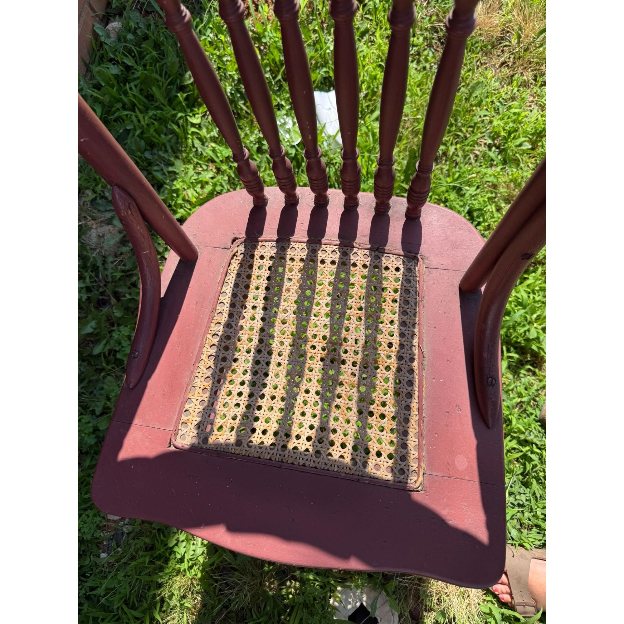 Wood Accent Dining Chair Pressed Back Cane Bottom Embossed Red Painted cane back chair with faces Carrved on Back Antique Furniture