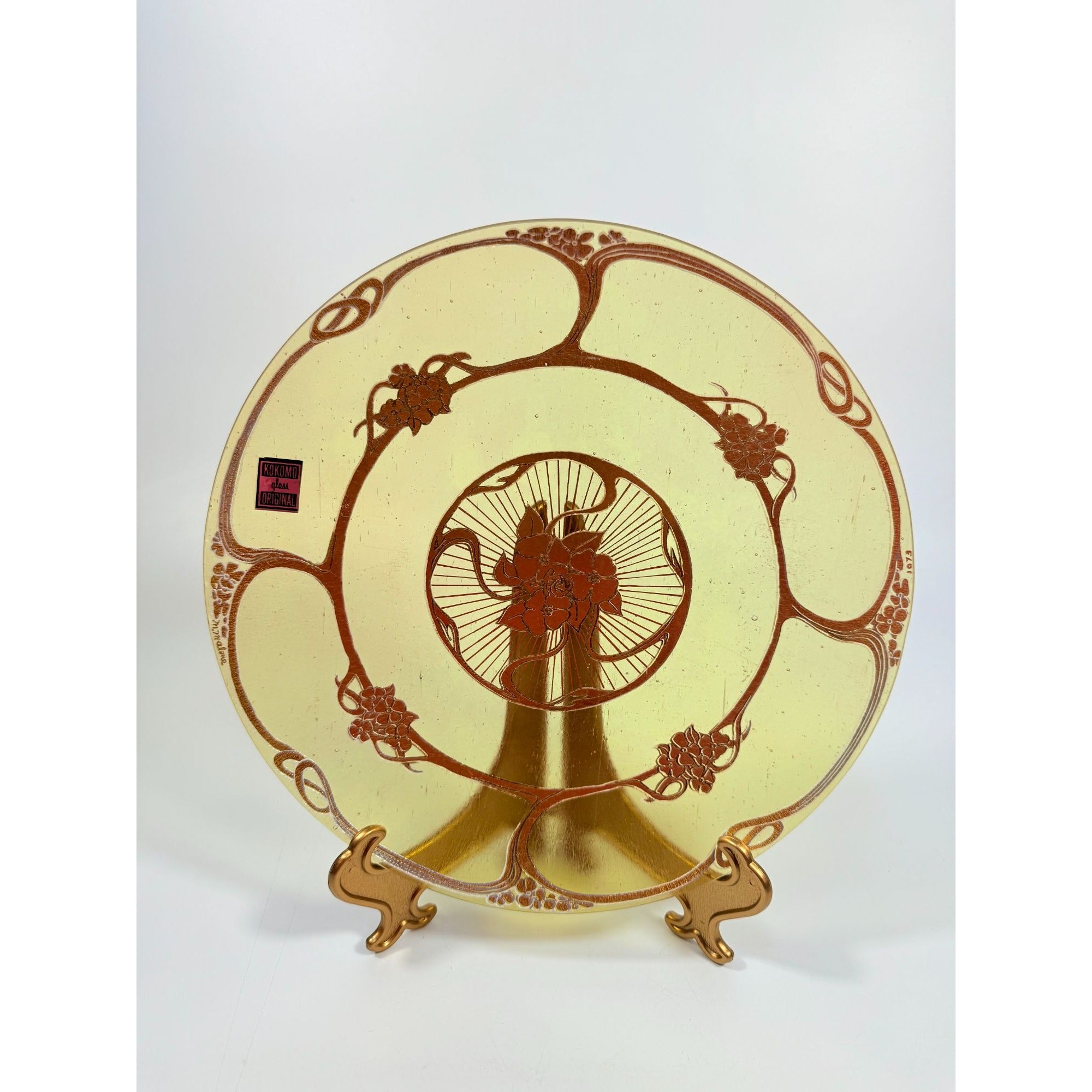 Collector Glass Plate Kokomo Opalescent Translucent Iridescent Floral Gold 1973 Mint Vintage Rare Art Deco Neauvo Collectible Orignial Box