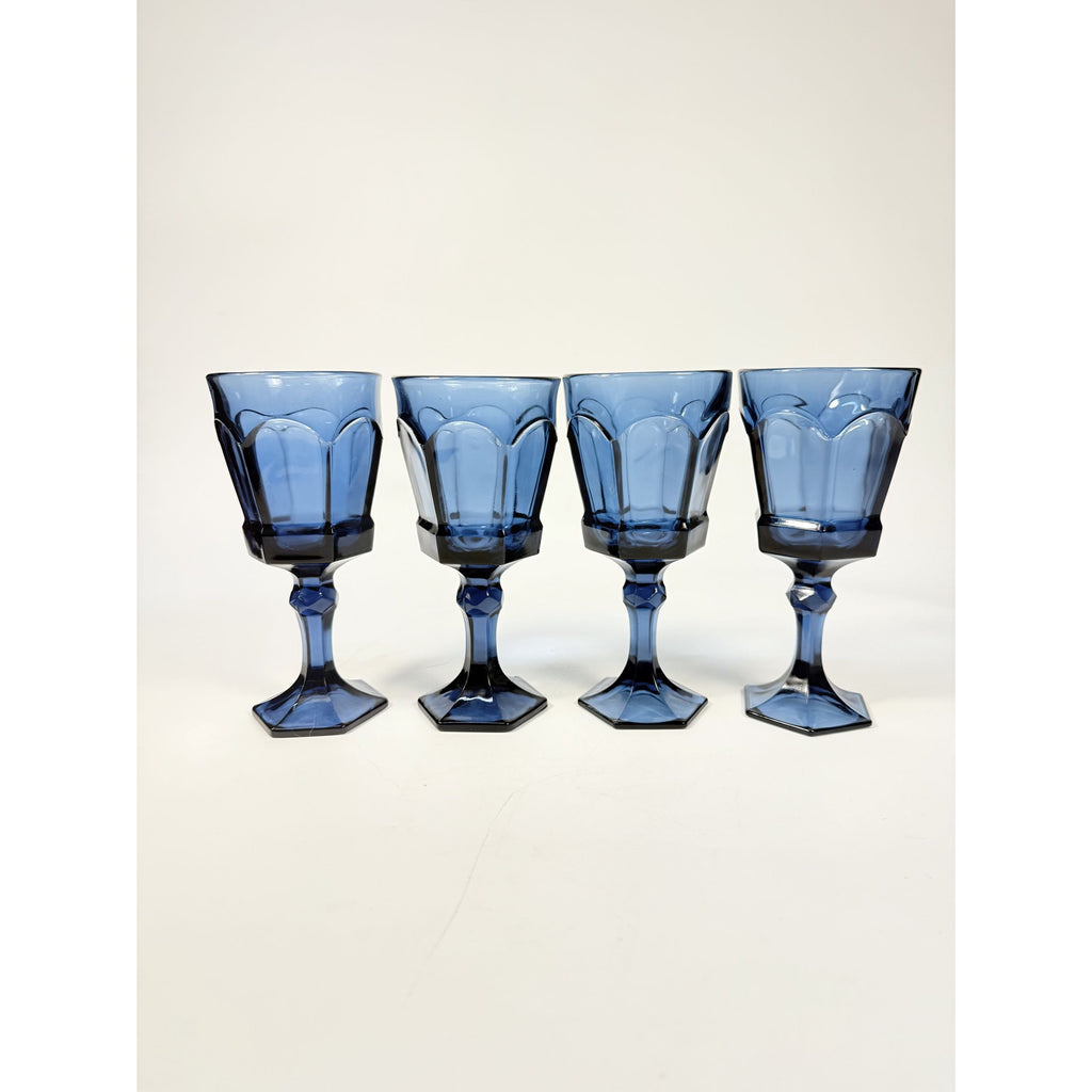 Water Glass Goblet Drinking Set 4 Stemmed Footed Vintage Fostoria Virginia Dark Blue Replacement Glassware Barware Drinkware