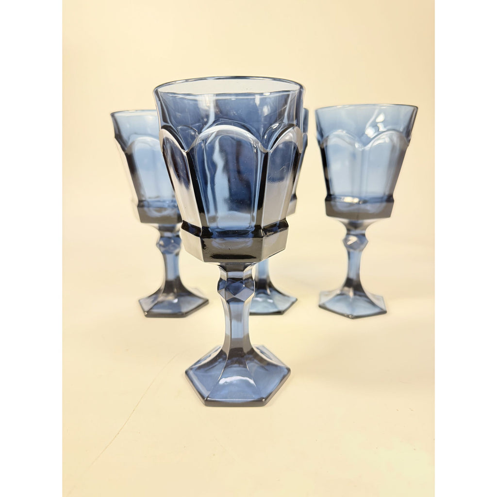 Water Glass Goblet Drinking Set 4 Stemmed Footed Vintage Fostoria Virginia Dark Blue Replacement Glassware Barware Drinkware