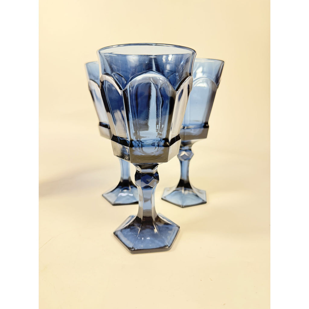 Water Glass Goblet Drinking Set 4 Stemmed Footed Vintage Fostoria Virginia Dark Blue Replacement Glassware Barware Drinkware