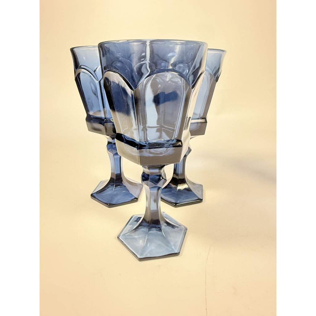 Water Glass Goblet Drinking Set 4 Stemmed Footed Vintage Fostoria Virginia Dark Blue Replacement Glassware Barware Drinkware