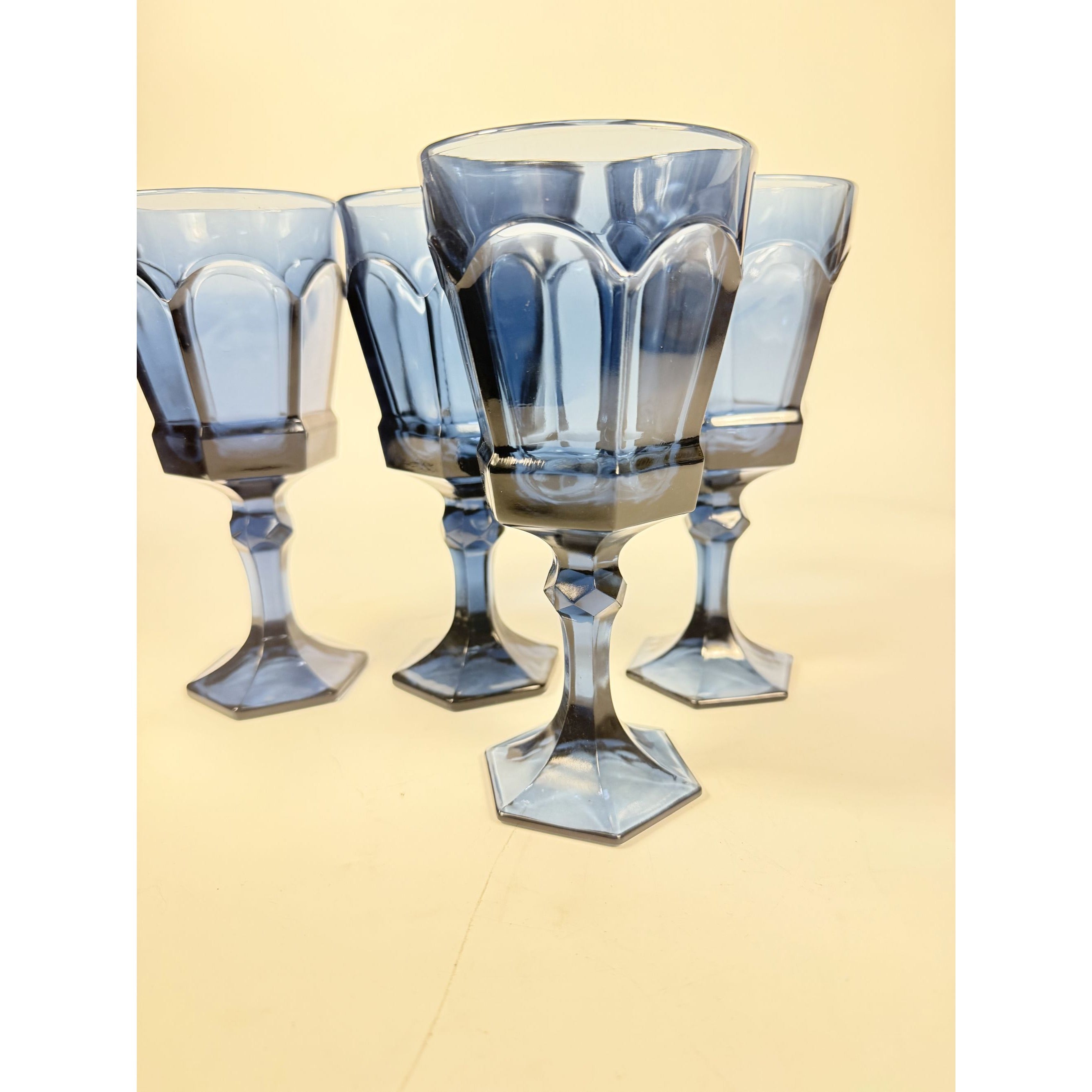 Water Glass Goblet Drinking Set 4 Stemmed Footed Vintage Fostoria Virginia Dark Blue Replacement Glassware Barware Drinkware