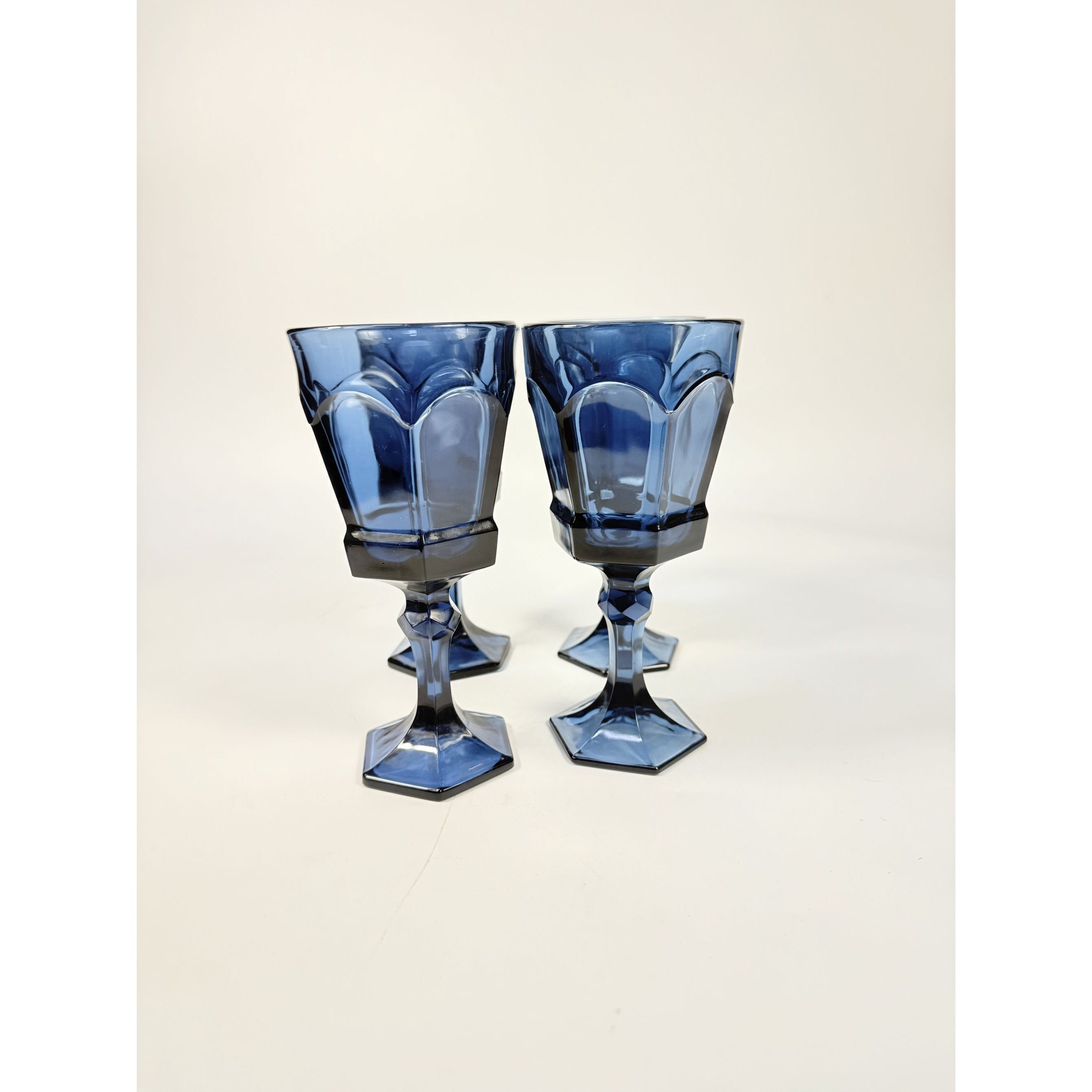 Water Glass Goblet Drinking Set 4 Stemmed Footed Vintage Fostoria Virginia Dark Blue Replacement Glassware Barware Drinkware