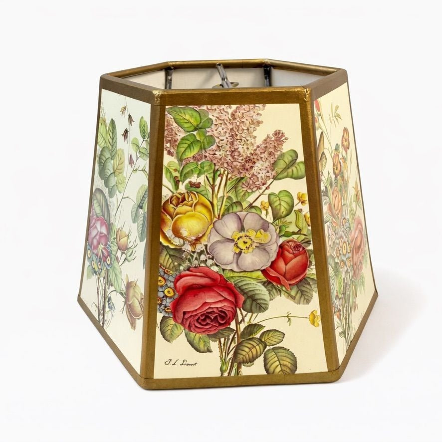 Botanical Floral Lampshade Hexagon Lithograph Paper Gold  Trim Flower Shade Prevost Clip On Lamp Shade Replacement Cottage Granny Core