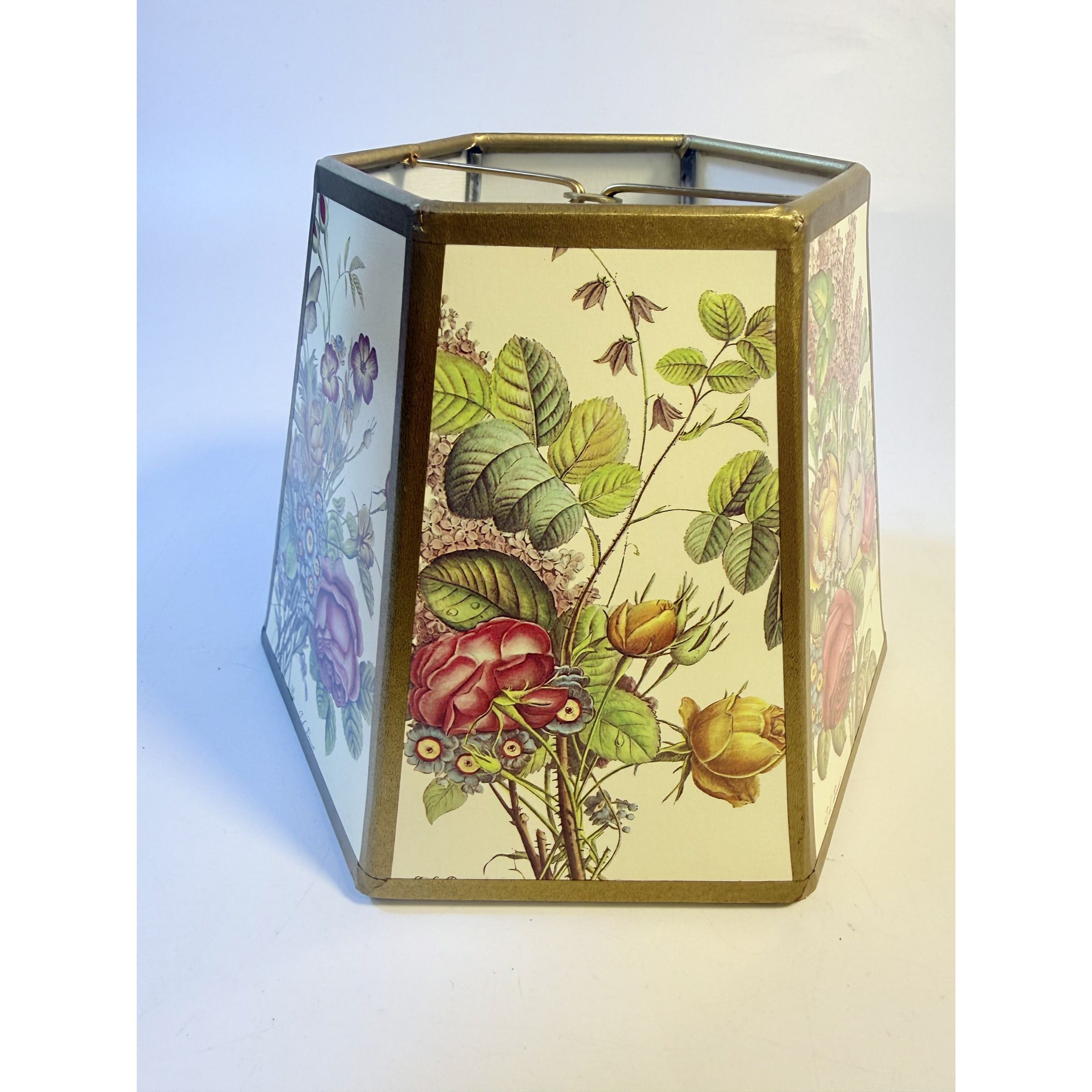 Botanical Floral Lampshade Hexagon Lithograph Paper Gold  Trim Flower Shade Prevost Clip On Lamp Shade Replacement Cottage Granny Core