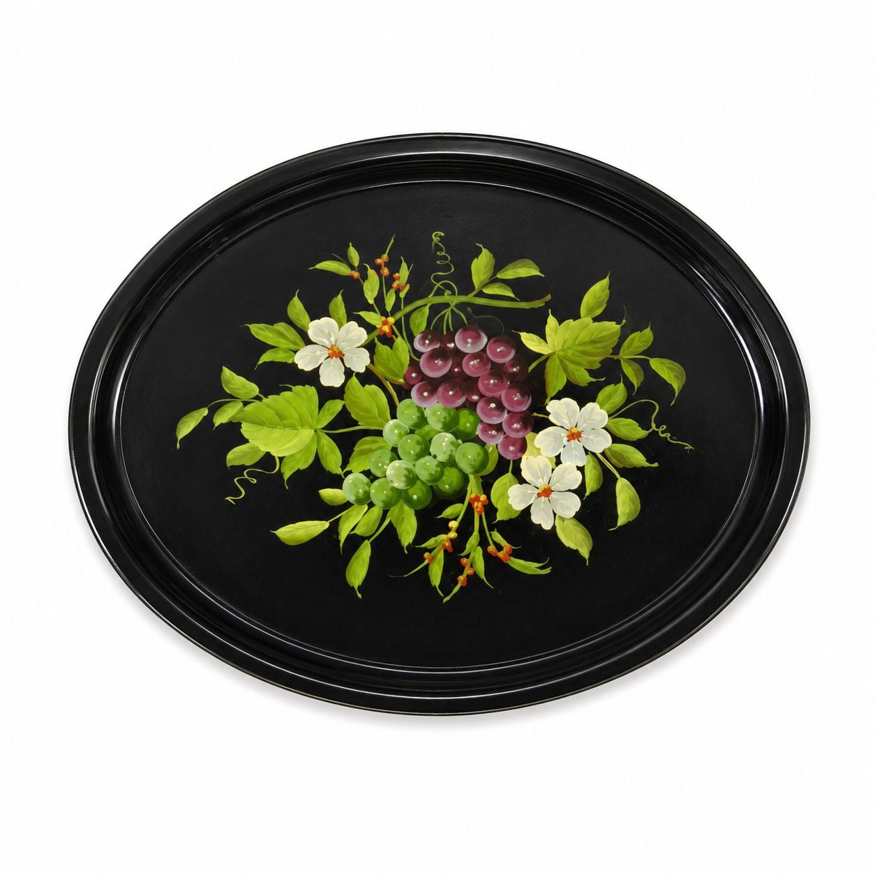 Toleware Oval Serving Tray Floral Grapes Tole Black Hand Painted Pilgrim Art Large Vintage Gallery Wall Unique Art Flowers Platter