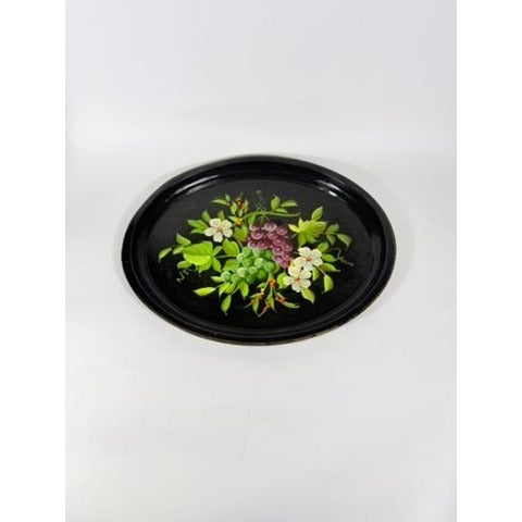 Toleware Oval Serving Tray Floral Grapes Tole Black Hand Painted Pilgrim Art Large Vintage Gallery Wall Unique Art Flowers Platter