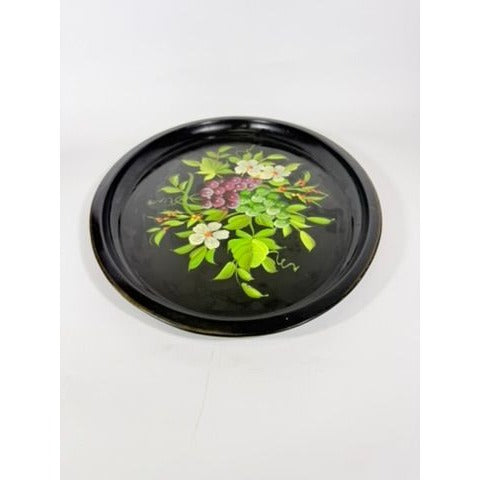 Toleware Oval Serving Tray Floral Grapes Tole Black Hand Painted Pilgrim Art Large Vintage Gallery Wall Unique Art Flowers Platter