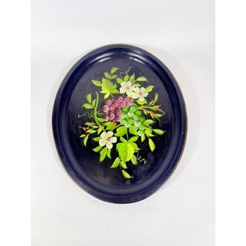 Toleware Oval Serving Tray Floral Grapes Tole Black Hand Painted Pilgrim Art Large Vintage Gallery Wall Unique Art Flowers Platter