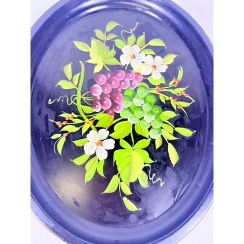 Toleware Oval Serving Tray Floral Grapes Tole Black Hand Painted Pilgrim Art Large Vintage Gallery Wall Unique Art Flowers Platter