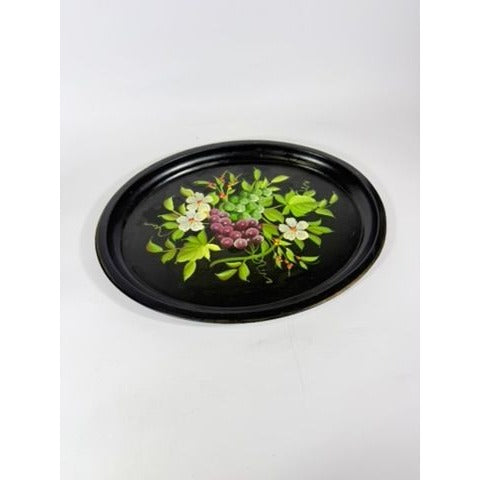Toleware Oval Serving Tray Floral Grapes Tole Black Hand Painted Pilgrim Art Large Vintage Gallery Wall Unique Art Flowers Platter