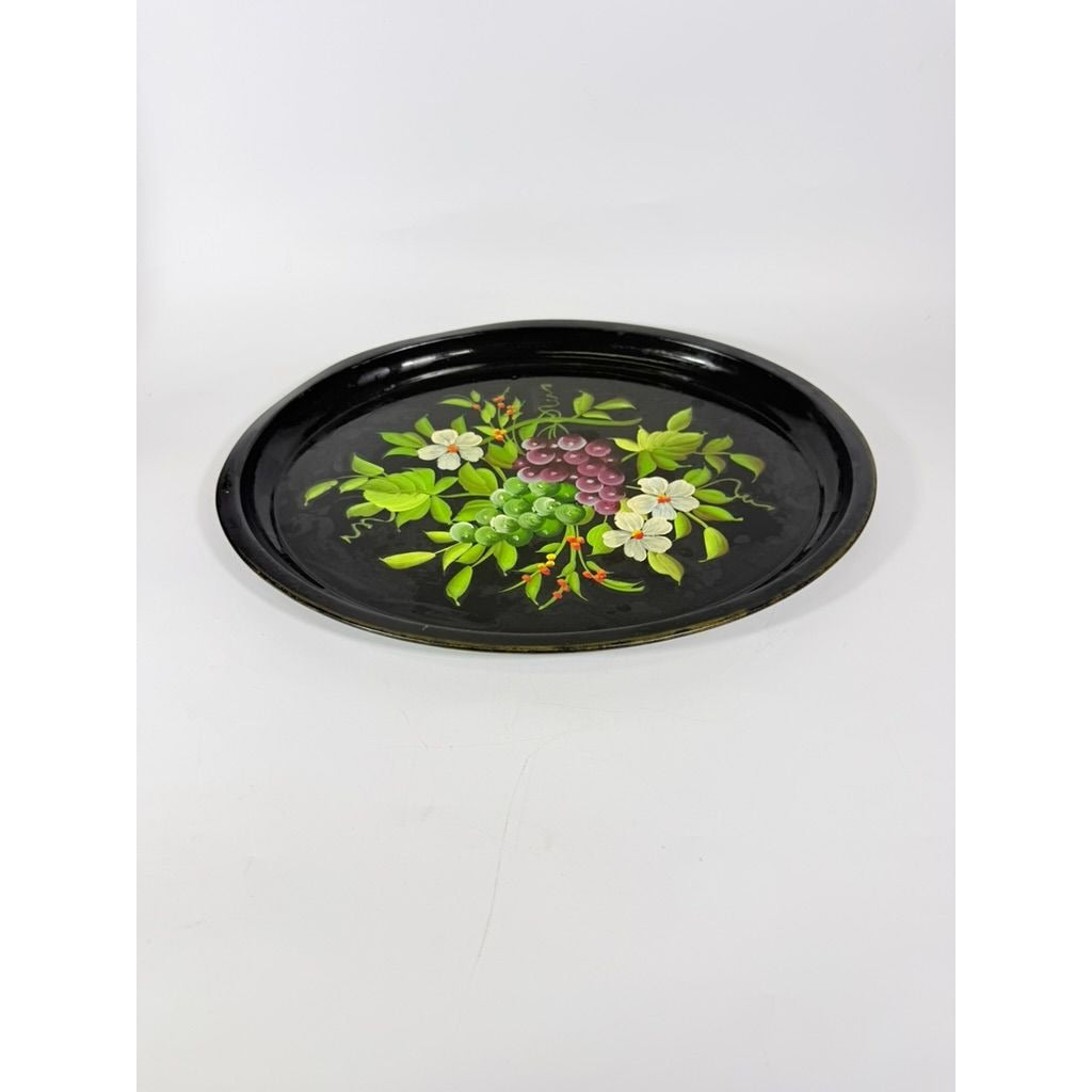 Toleware Oval Serving Tray Floral Grapes Tole Black Hand Painted Pilgrim Art Large Vintage Gallery Wall Unique Art Flowers Platter