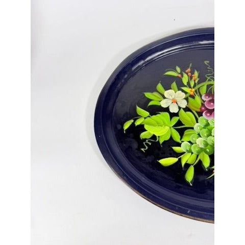 Toleware Oval Serving Tray Floral Grapes Tole Black Hand Painted Pilgrim Art Large Vintage Gallery Wall Unique Art Flowers Platter