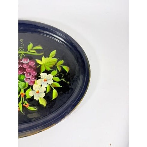 Toleware Oval Serving Tray Floral Grapes Tole Black Hand Painted Pilgrim Art Large Vintage Gallery Wall Unique Art Flowers Platter