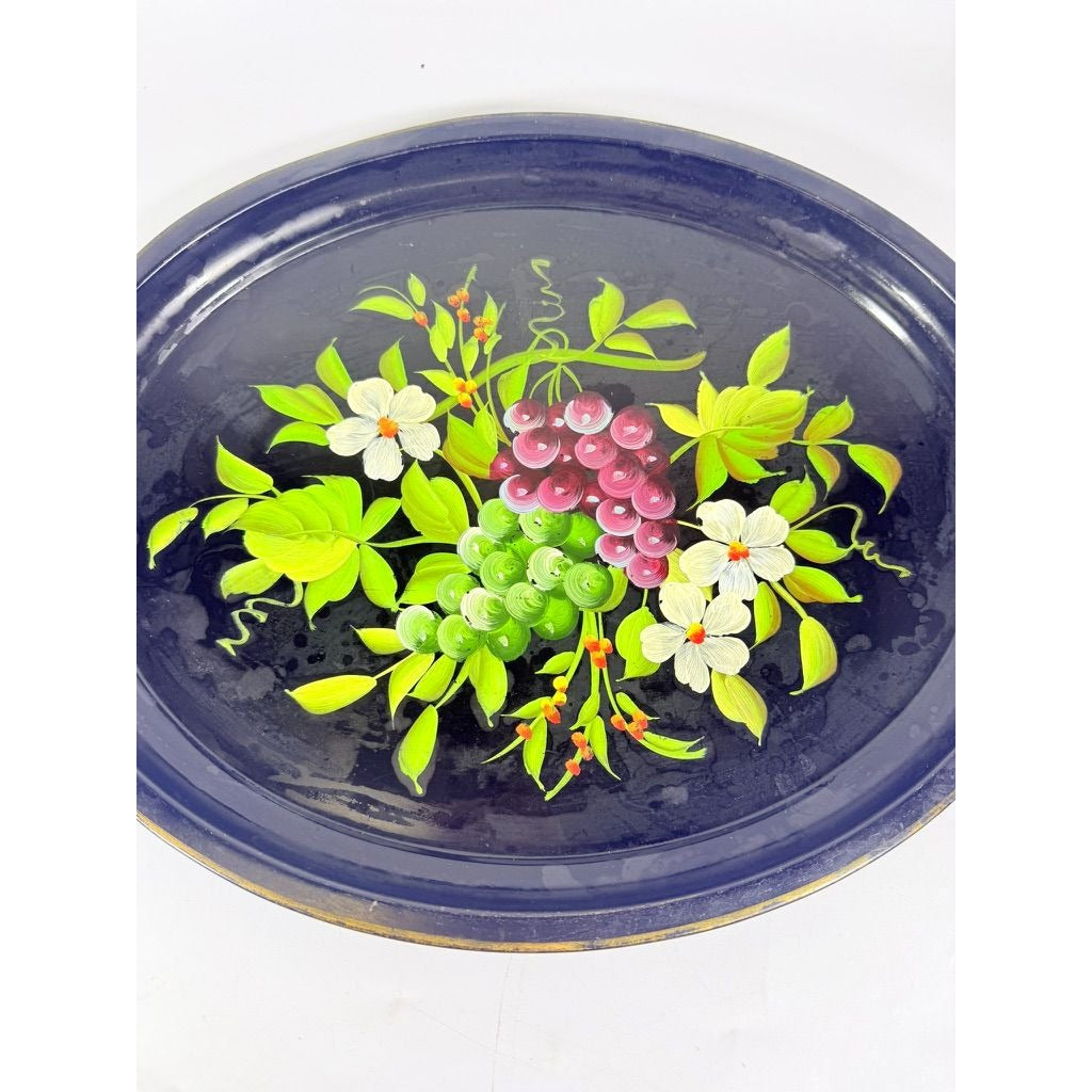 Toleware Oval Serving Tray Floral Grapes Tole Black Hand Painted Pilgrim Art Large Vintage Gallery Wall Unique Art Flowers Platter