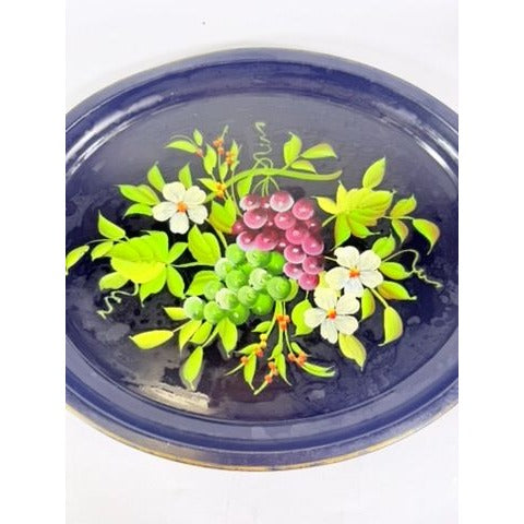 Toleware Oval Serving Tray Floral Grapes Tole Black Hand Painted Pilgrim Art Large Vintage Gallery Wall Unique Art Flowers Platter