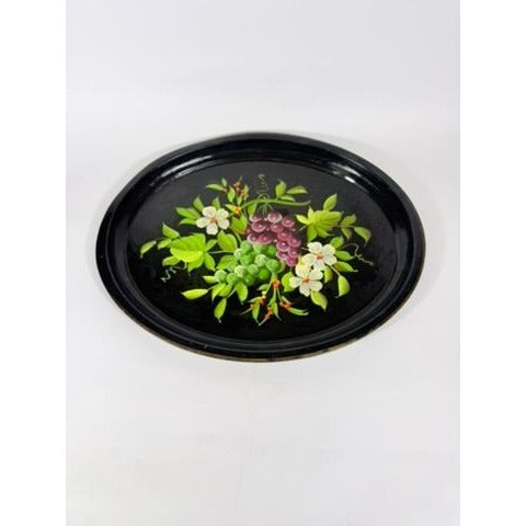 Toleware Oval Serving Tray Floral Grapes Tole Black Hand Painted Pilgrim Art Large Vintage Gallery Wall Unique Art Flowers Platter