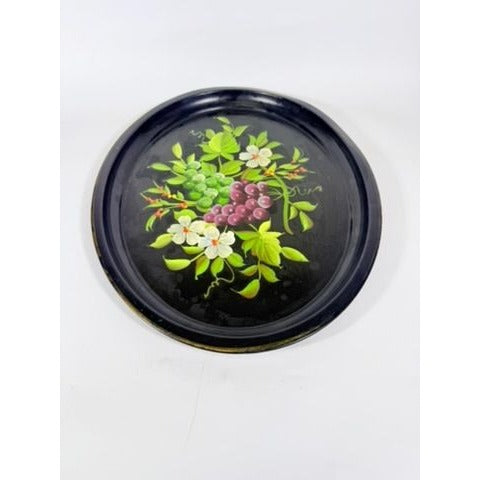 Toleware Oval Serving Tray Floral Grapes Tole Black Hand Painted Pilgrim Art Large Vintage Gallery Wall Unique Art Flowers Platter