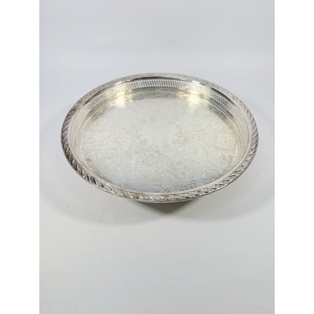 Round Pedestal Cake Stand Lazy Susan Spring Flowers Silver Plated Wm Rogers & Sons Pierced Edge Reticulated Tray Server Hostess Serving