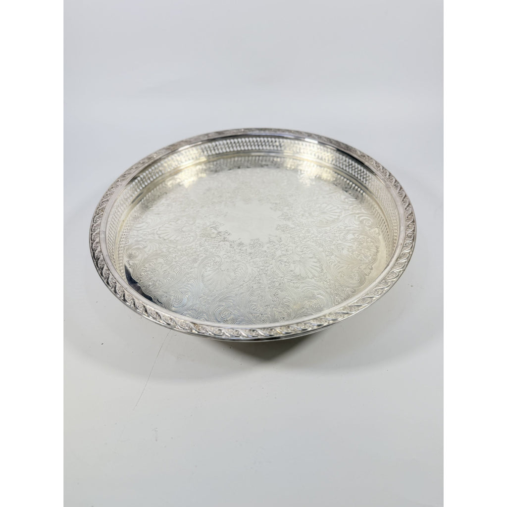 Round Pedestal Cake Stand Lazy Susan Spring Flowers Silver Plated Wm Rogers & Sons Pierced Edge Reticulated Tray Server Hostess Serving
