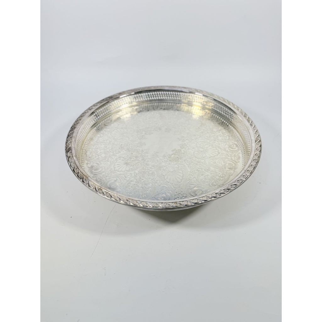 Round Pedestal Cake Stand Lazy Susan Spring Flowers Silver Plated Wm Rogers & Sons Pierced Edge Reticulated Tray Server Hostess Serving