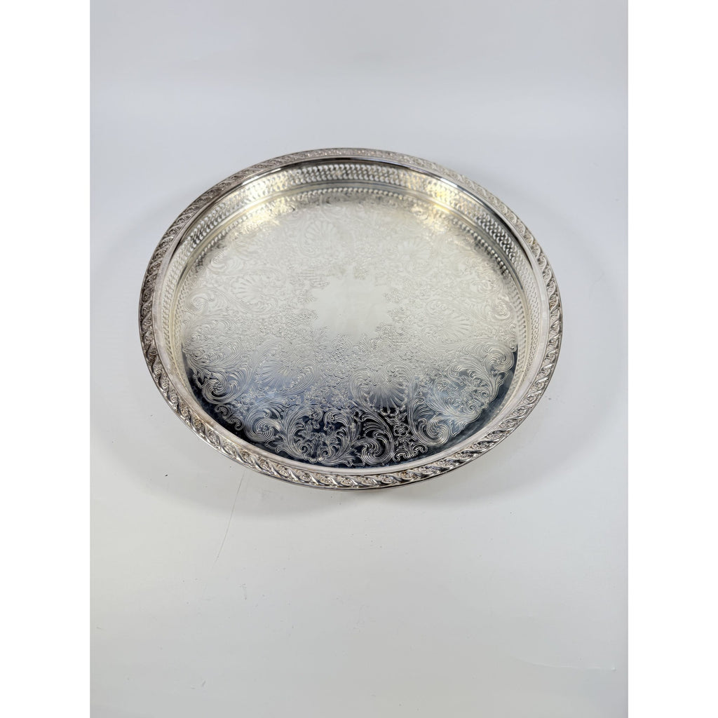 Round Pedestal Cake Stand Lazy Susan Spring Flowers Silver Plated Wm Rogers & Sons Pierced Edge Reticulated Tray Server Hostess Serving