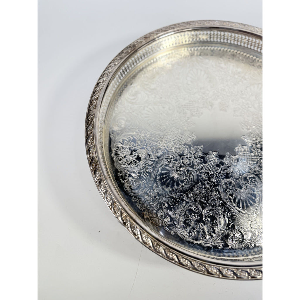 Round Pedestal Cake Stand Lazy Susan Spring Flowers Silver Plated Wm Rogers & Sons Pierced Edge Reticulated Tray Server Hostess Serving
