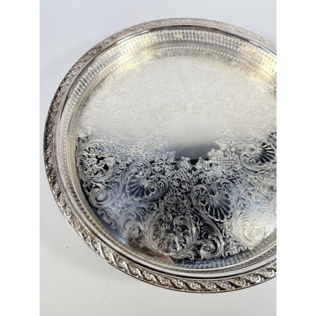 Round Pedestal Cake Stand Lazy Susan Spring Flowers Silver Plated Wm Rogers & Sons Pierced Edge Reticulated Tray Server Hostess Serving