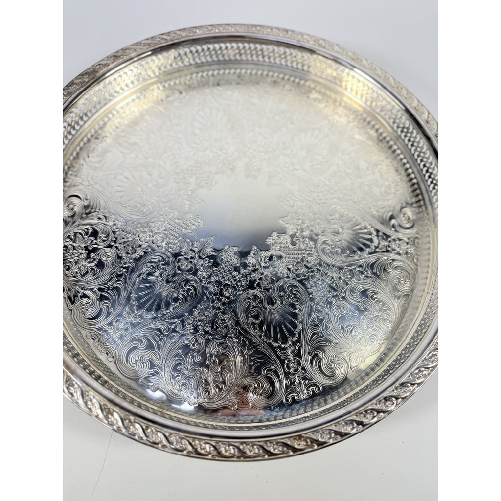 Round Pedestal Cake Stand Lazy Susan Spring Flowers Silver Plated Wm Rogers & Sons Pierced Edge Reticulated Tray Server Hostess Serving
