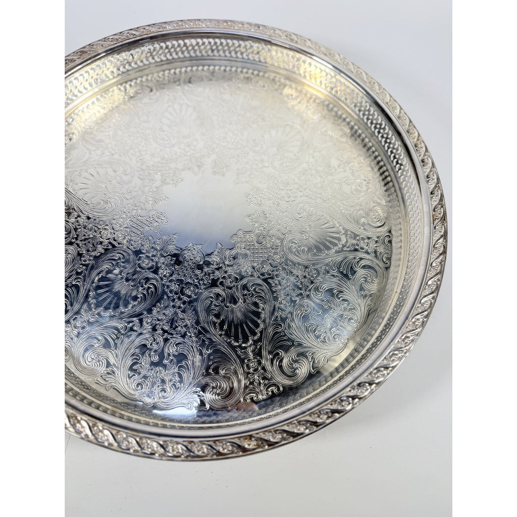 Round Pedestal Cake Stand Lazy Susan Spring Flowers Silver Plated Wm Rogers & Sons Pierced Edge Reticulated Tray Server Hostess Serving