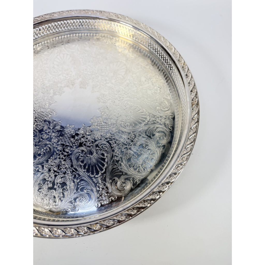Round Pedestal Cake Stand Lazy Susan Spring Flowers Silver Plated Wm Rogers & Sons Pierced Edge Reticulated Tray Server Hostess Serving