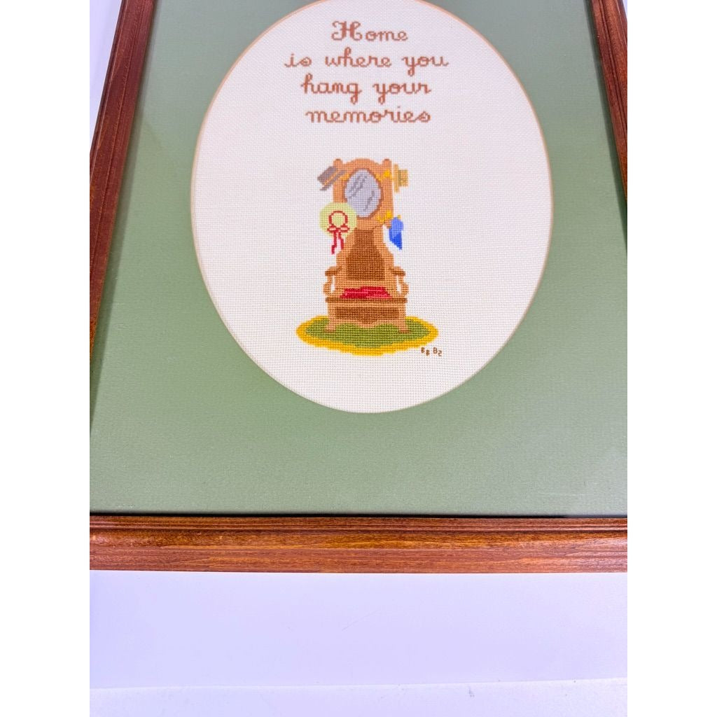 Framed Art Cross Stitch Home is where you Hang your Memories Coat Stand Finished 1980s Primitive Country Folk Artwork Wall Decor