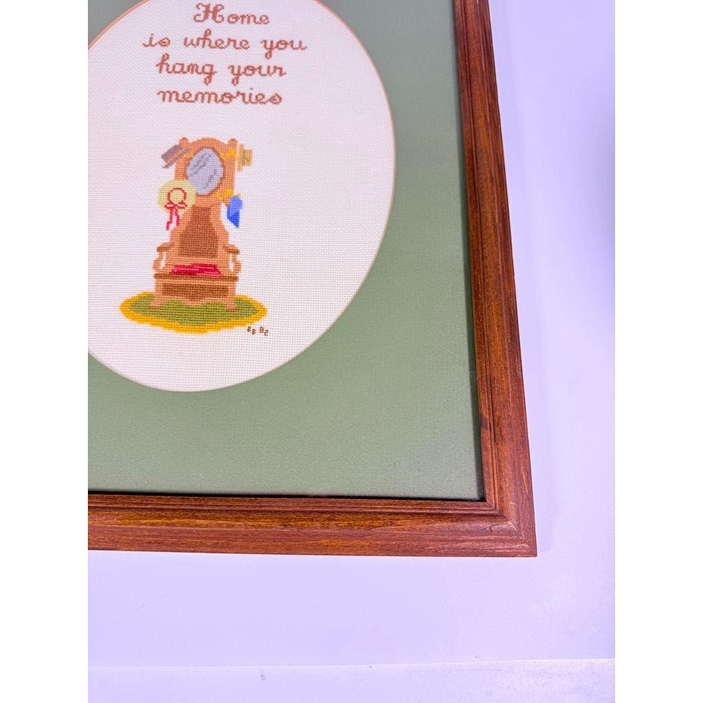 Framed Art Cross Stitch Home is where you Hang your Memories Coat Stand Finished 1980s Primitive Country Folk Artwork Wall Decor