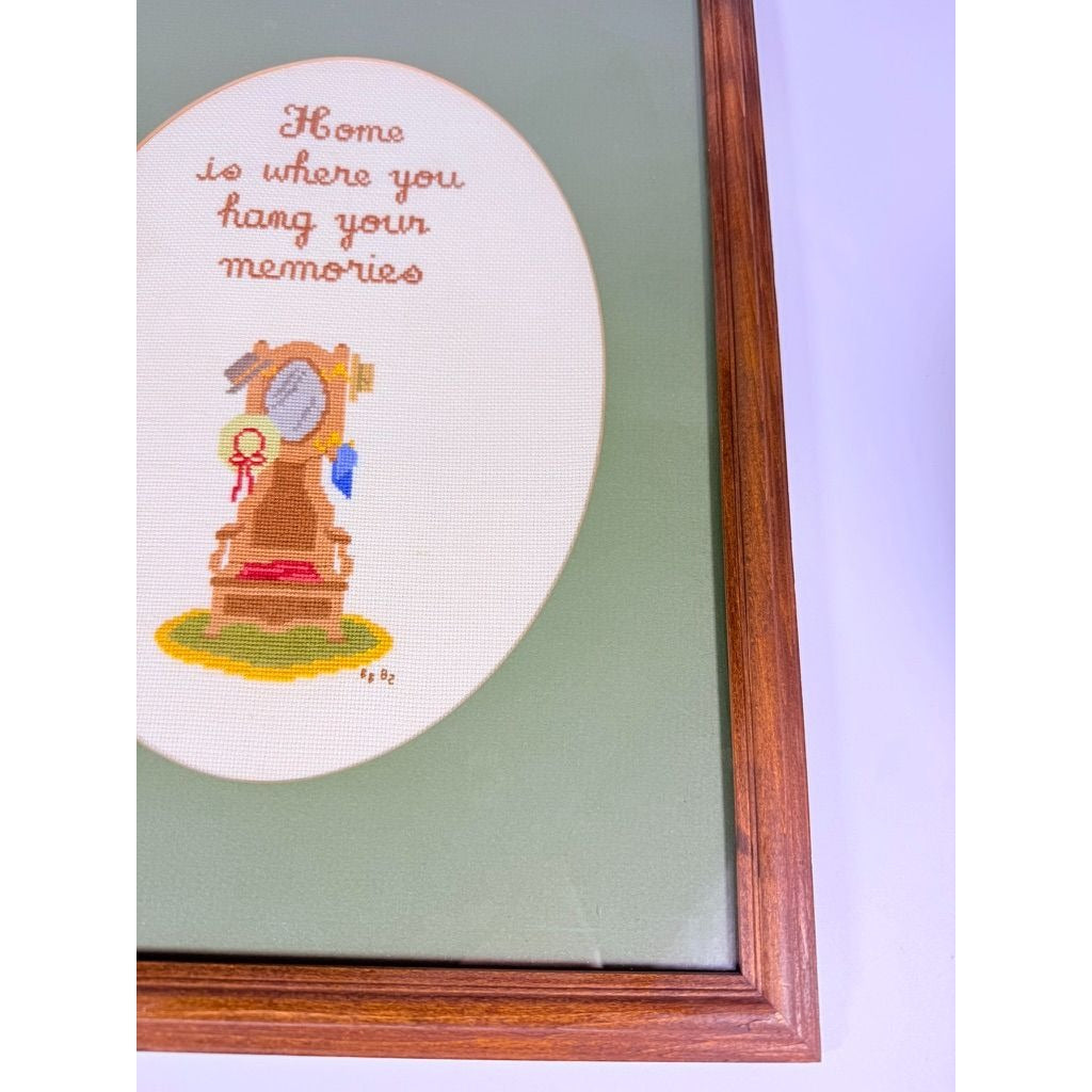 Framed Art Cross Stitch Home is where you Hang your Memories Coat Stand Finished 1980s Primitive Country Folk Artwork Wall Decor