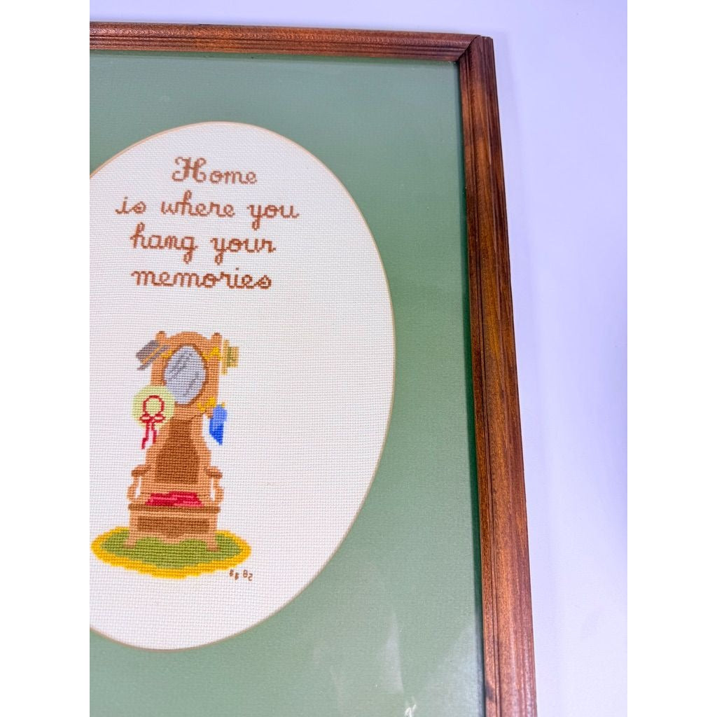 Framed Art Cross Stitch Home is where you Hang your Memories Coat Stand Finished 1980s Primitive Country Folk Artwork Wall Decor