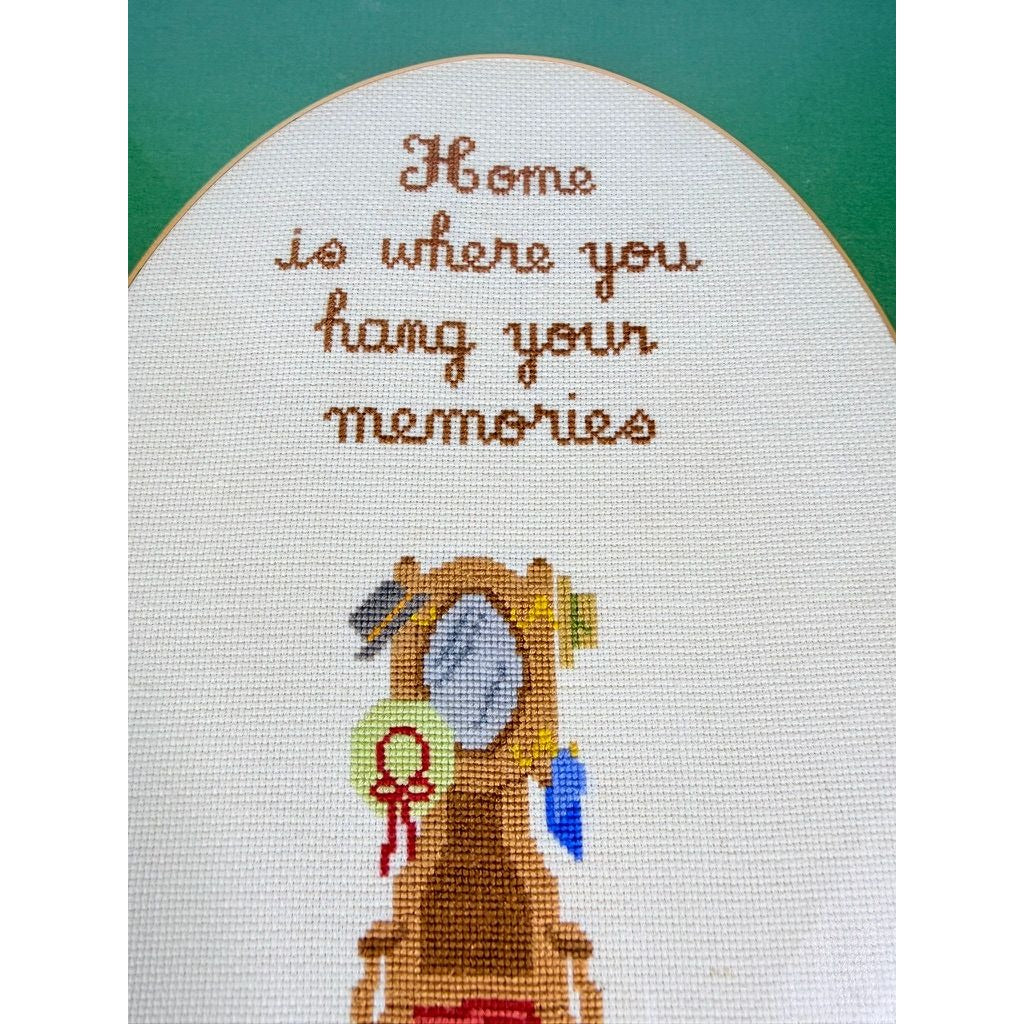 Framed Art Cross Stitch Home is where you Hang your Memories Coat Stand Finished 1980s Primitive Country Folk Artwork Wall Decor