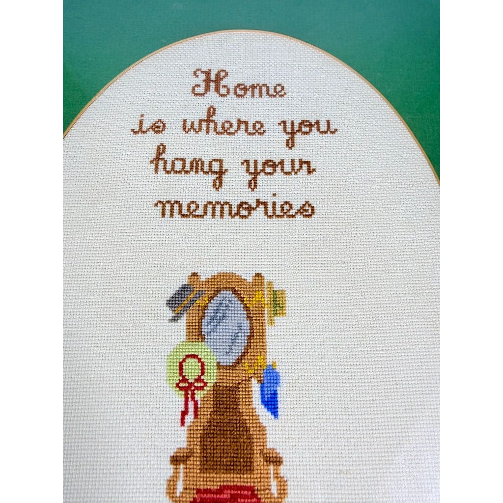 Framed Art Cross Stitch Home is where you Hang your Memories Coat Stand Finished 1980s Primitive Country Folk Artwork Wall Decor