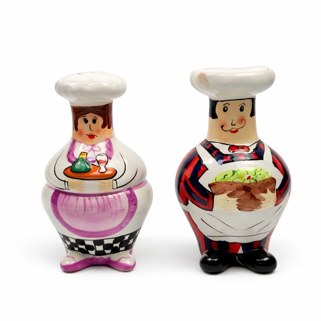 Salt and Pepper Shakers Mr and Mrs Chef Hand Painted Vintage Porcelain Ceramic Large Collectible Kitchen Tools Utensils