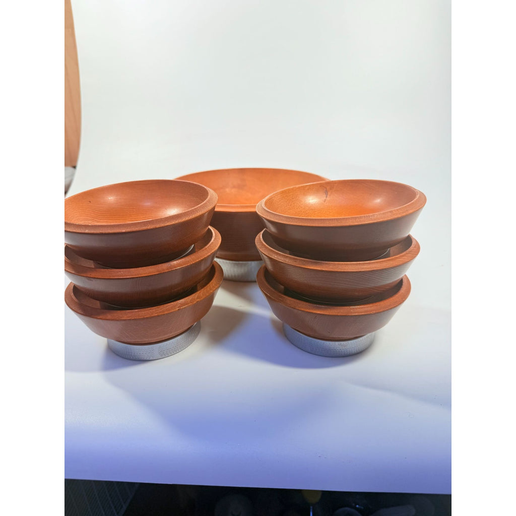 Teak Wood and Chrome Salad Bowl Set Hellerware Mid Century Vintage Retro Collectible Large Wood Salad Bowl 6 Individual Bowls