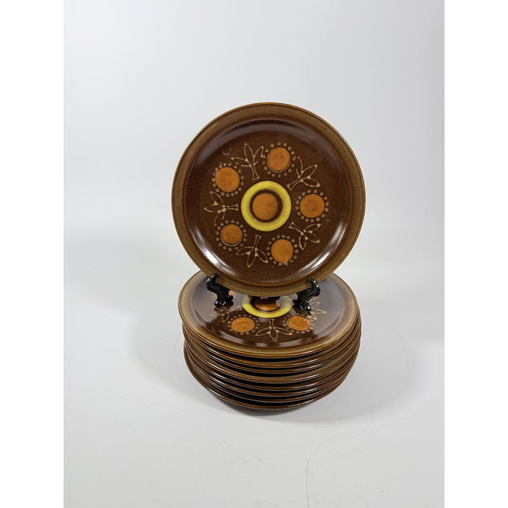 Stoneware Salad Plates Georges Briard Aztec Set 9 7 5/8" Vintage Mid Century Brown Orange Replacement China Kitschy Japan Muted Earthtones